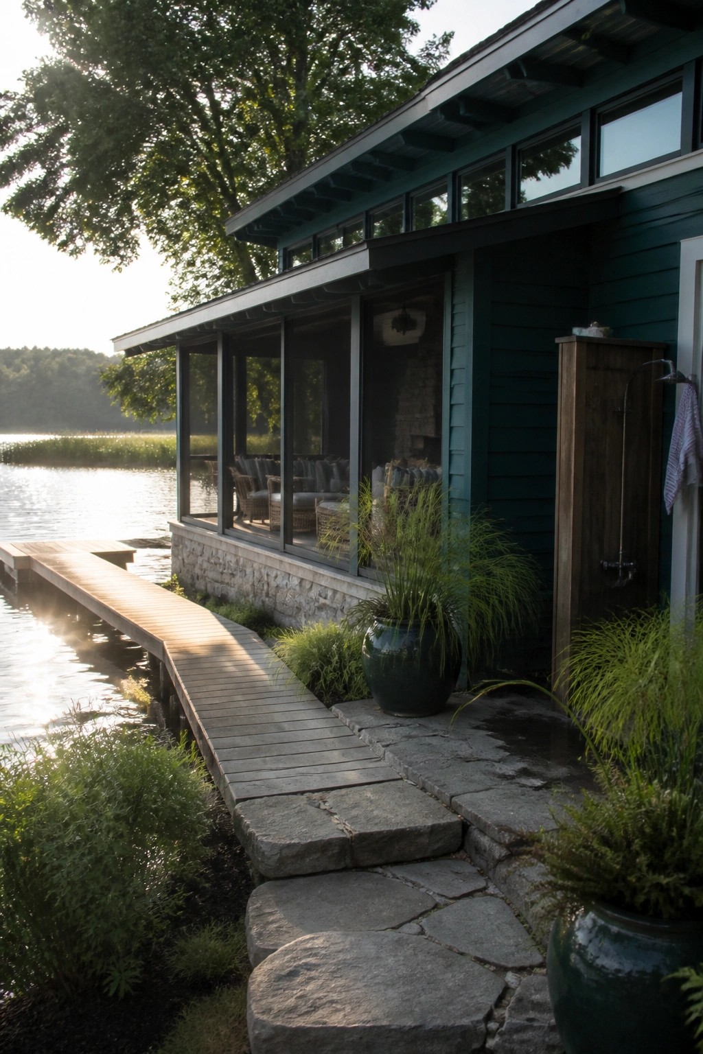 A teal lap-sided house with a stone foundation, screened porch, outdoor shower, stone path, and wooden dock beside a lake.