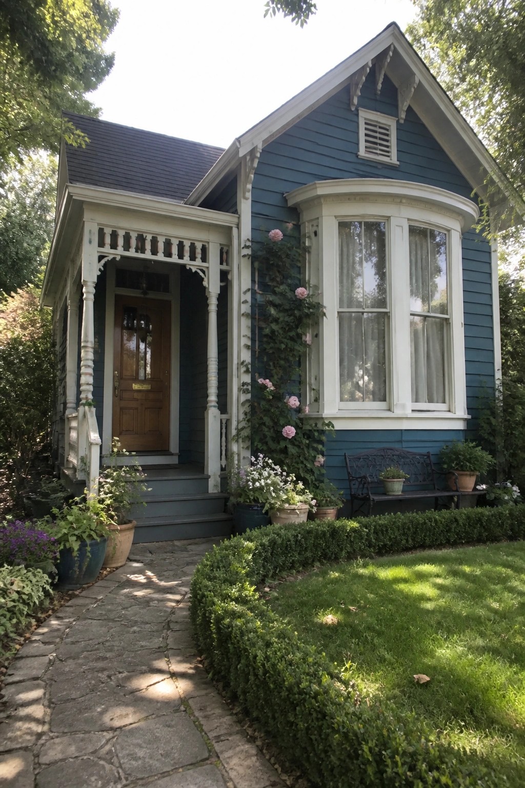 A single-story house with deep teal lap siding, white trim, a front porch with a wooden door, and a bay window next to a stone path and garden.
