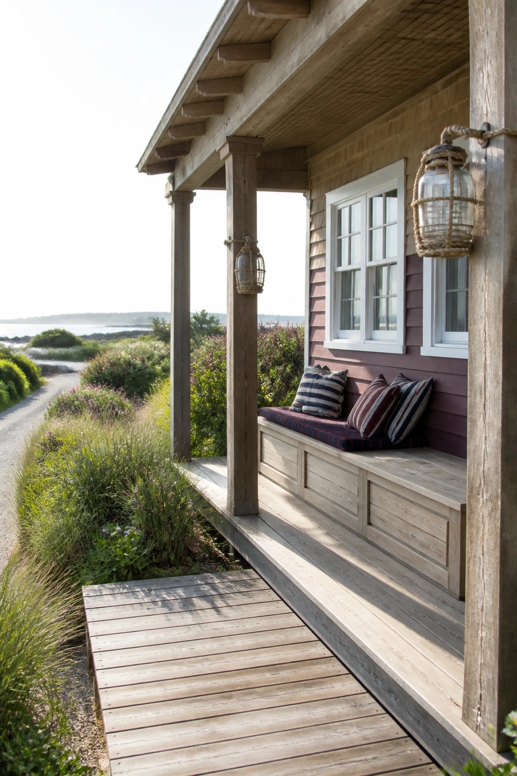 Weathered wooden porch with striped cushions, bench, and rope lanterns by water