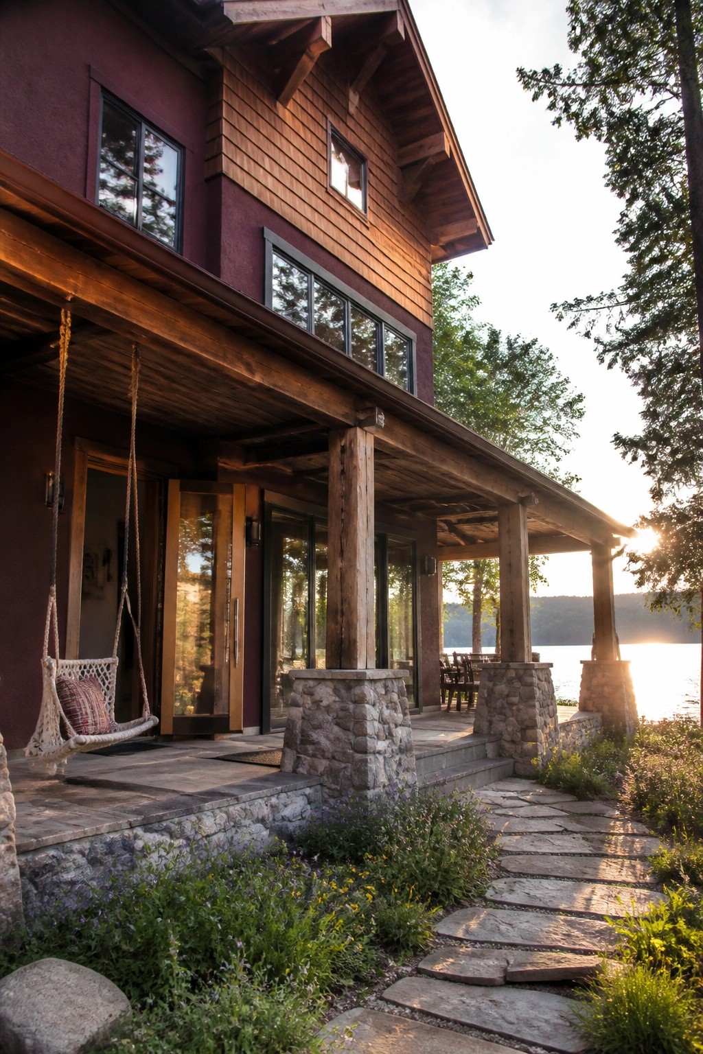 Rustic wooden lakeside house with porch swing, stone pillars, and path at sunset
