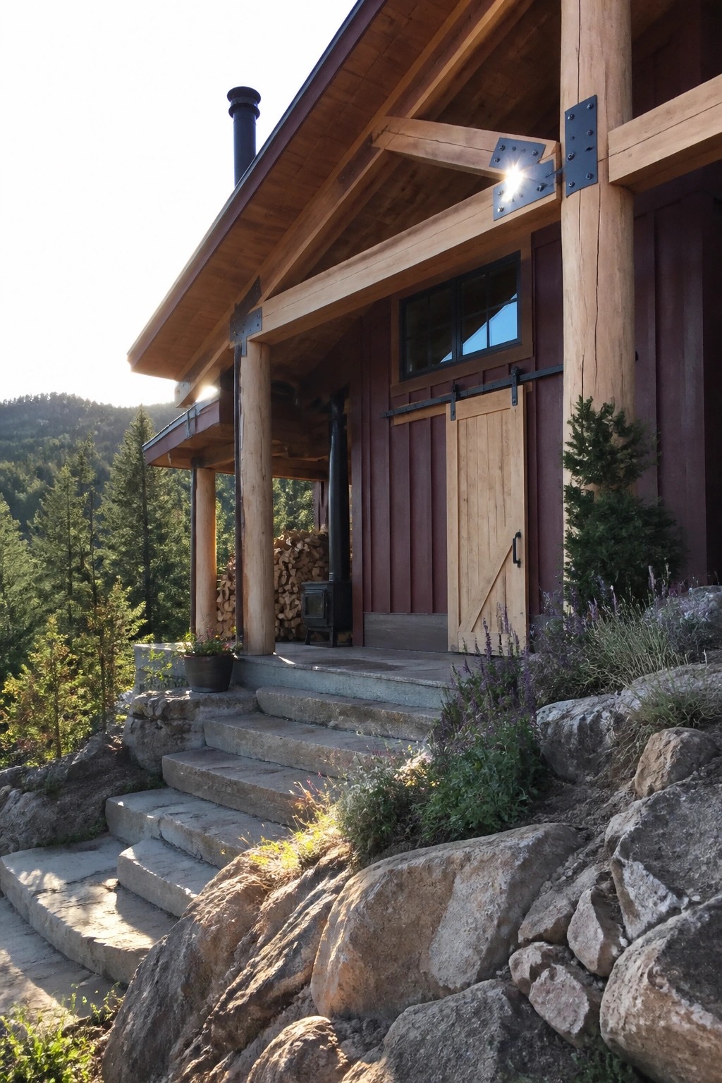A house exterior with burgundy wood siding, exposed timber posts and beams on the porch, a sliding barn door, and stone steps leading up from a rocky hillside.