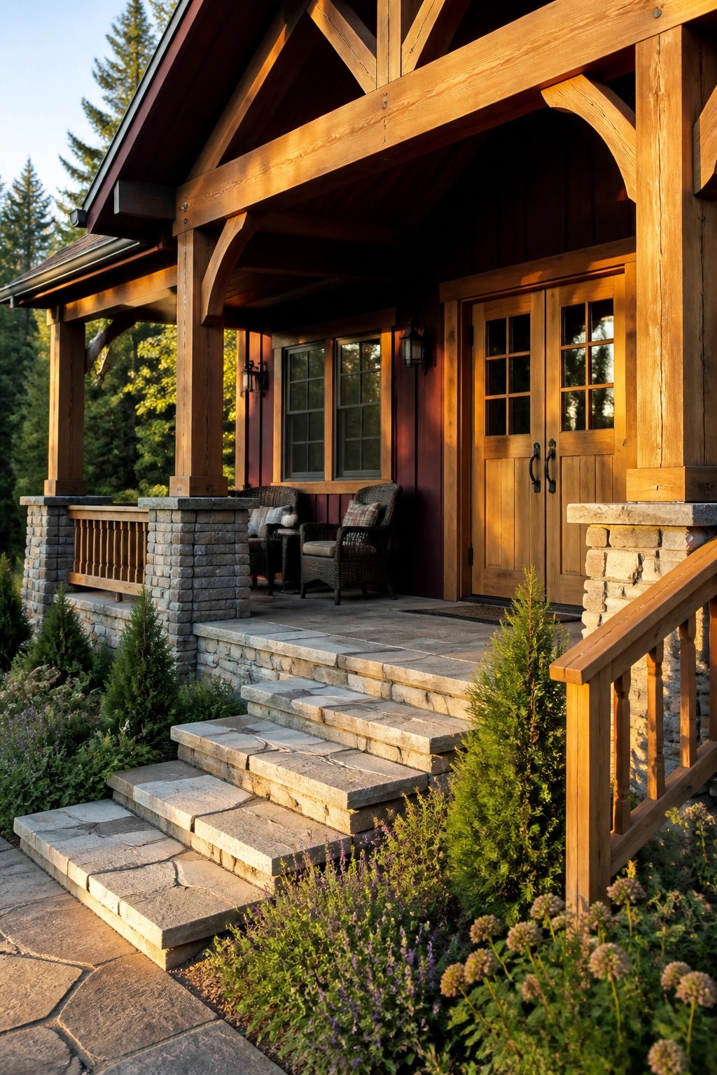 A front view of a house with burgundy siding, a timber-framed porch, double wooden doors, stone steps, and two wicker chairs on the porch.