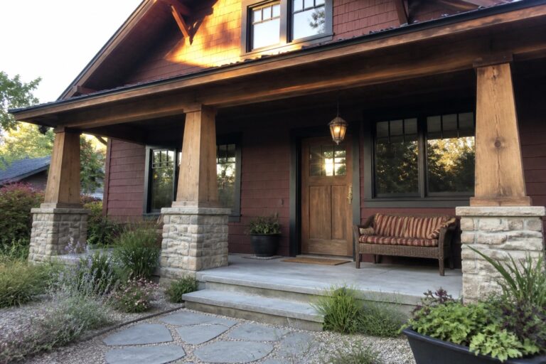 Rustic wooden porch with wicker bench, stone pillars, steps, and flower-lined path