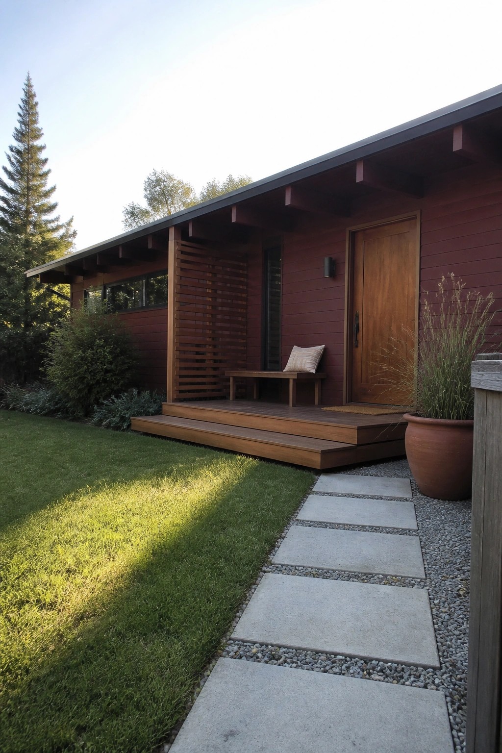 Modern wood house with porch bench, door, potted plant, and stone path