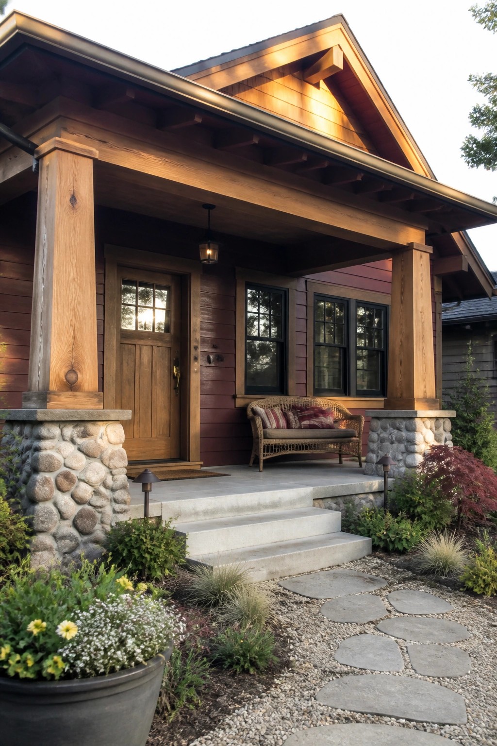 Rustic wooden porch with wicker bench, stone pillars, steps, and flower-lined path