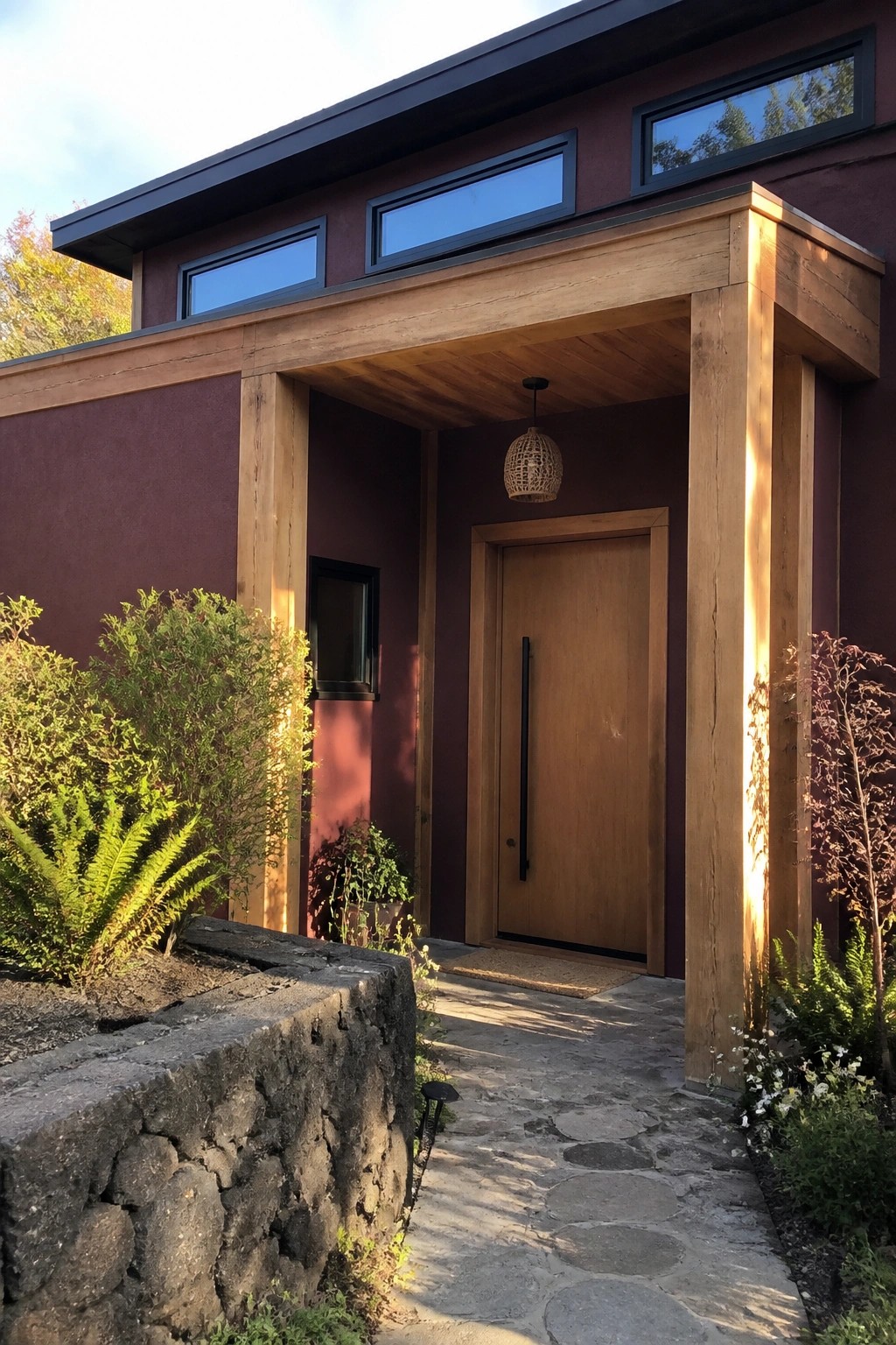 A burgundy house exterior with a large timber porch canopy over a wooden front door and a stone pathway leading to the entrance.