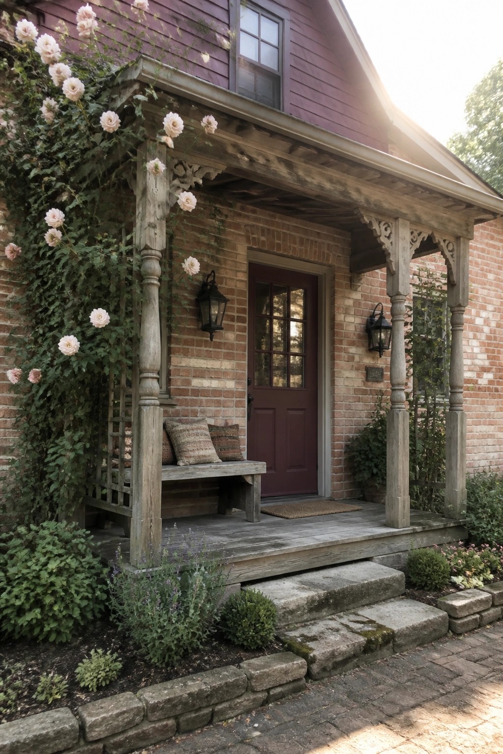 Front view of a brick house exterior with a weathered wooden porch, burgundy door, black lanterns, and climbing roses on the left side.