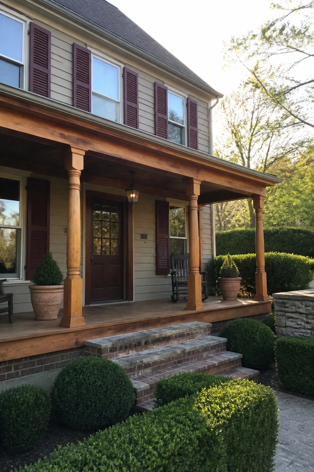 Front view of a two-story house with beige siding, burgundy shutters, a wooden porch supported by turned columns, brick steps, and surrounding shrubs.