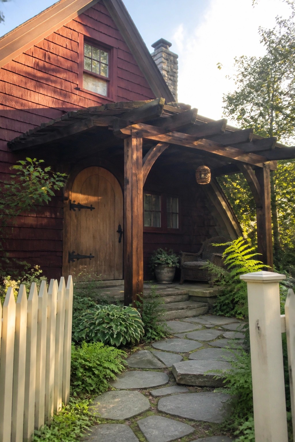 Rustic red cottage with arched door, stone path, pergola, and white fence