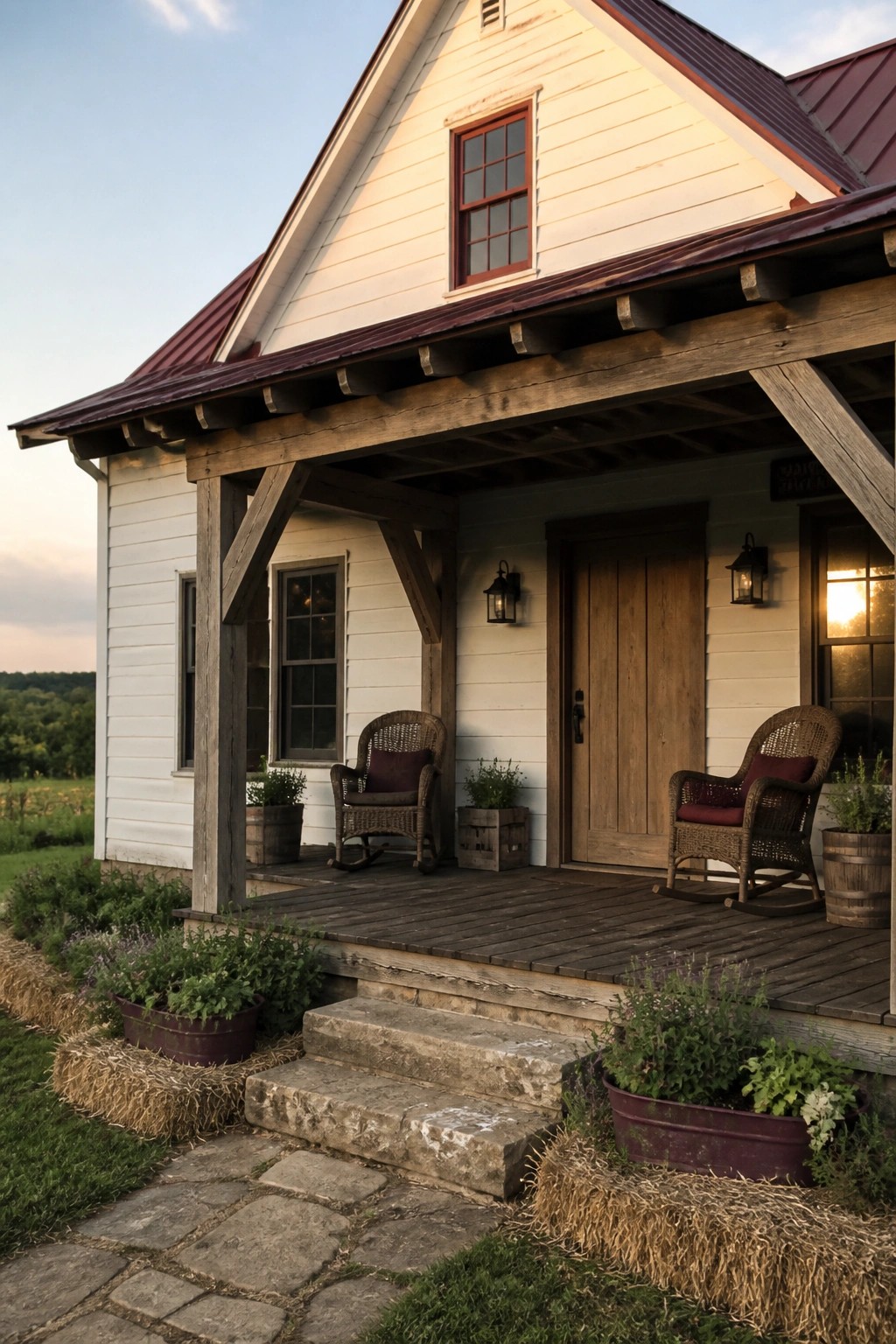 A white clapboard house with a burgundy metal roof, a wooden front porch with two wicker rocking chairs, and stone steps leading up from a path.