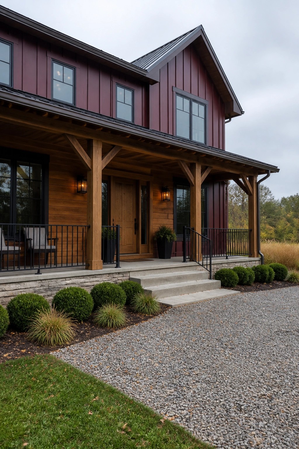 A two-story house exterior with burgundy vertical siding, exposed timber porch posts and beams, concrete steps, black railings, and shrubs along a gravel driveway.
