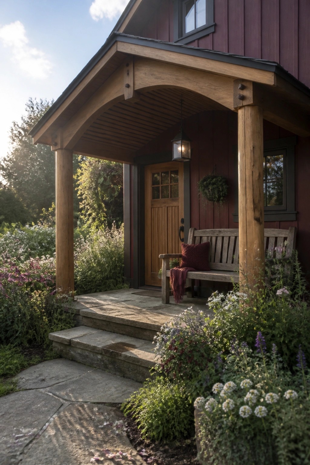 Rustic red house porch with wooden bench, lantern, stone steps, and flower garden