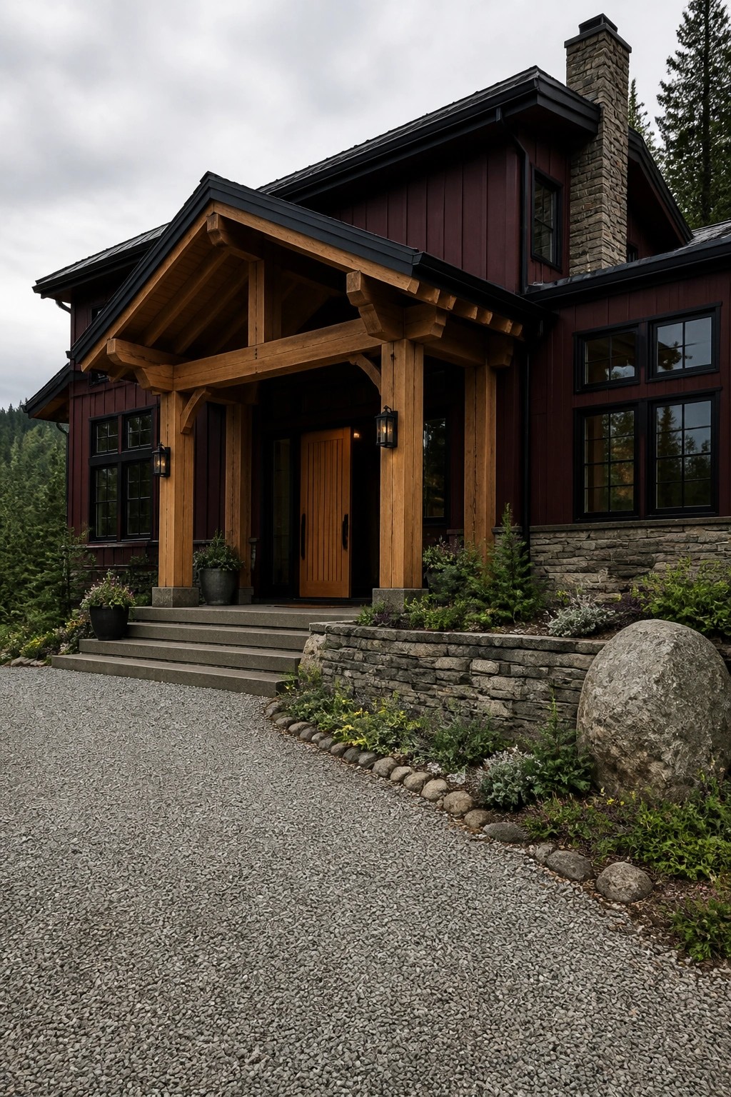 Dark red wooden house with timber porch, stone foundation, gravel driveway and landscaping.