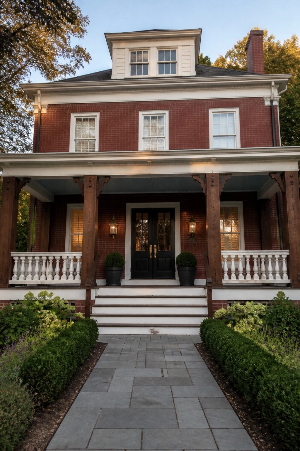 Red brick house with white porch, black double doors, stone walkway.