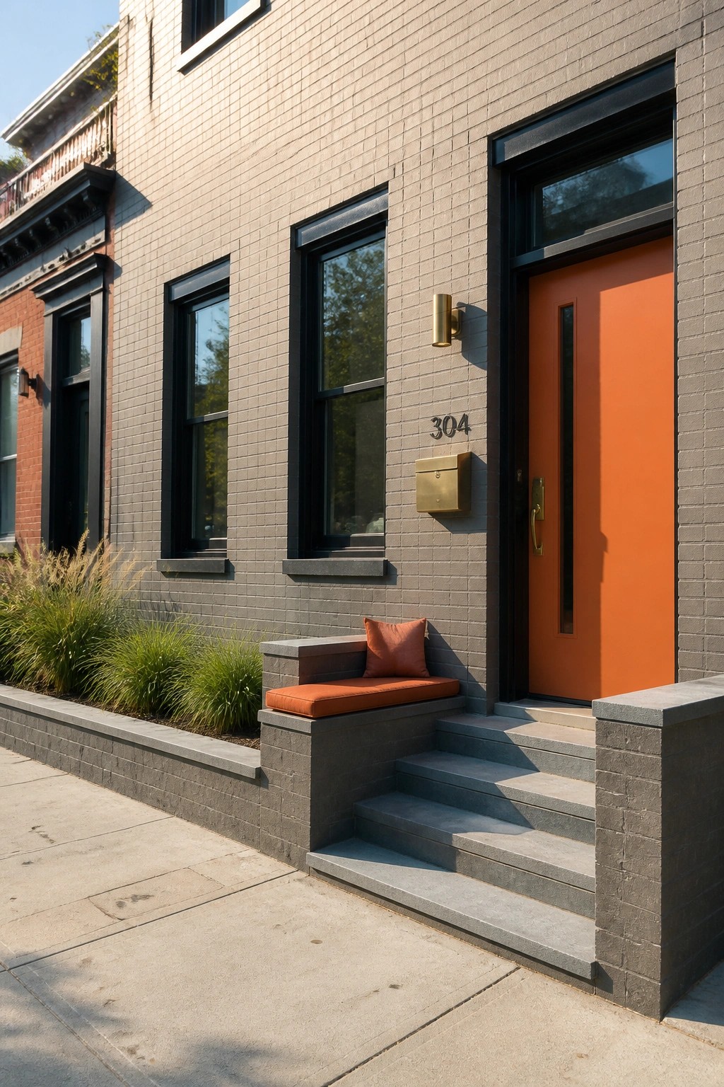 Modern gray brick house with orange door, steps, and cushioned bench.