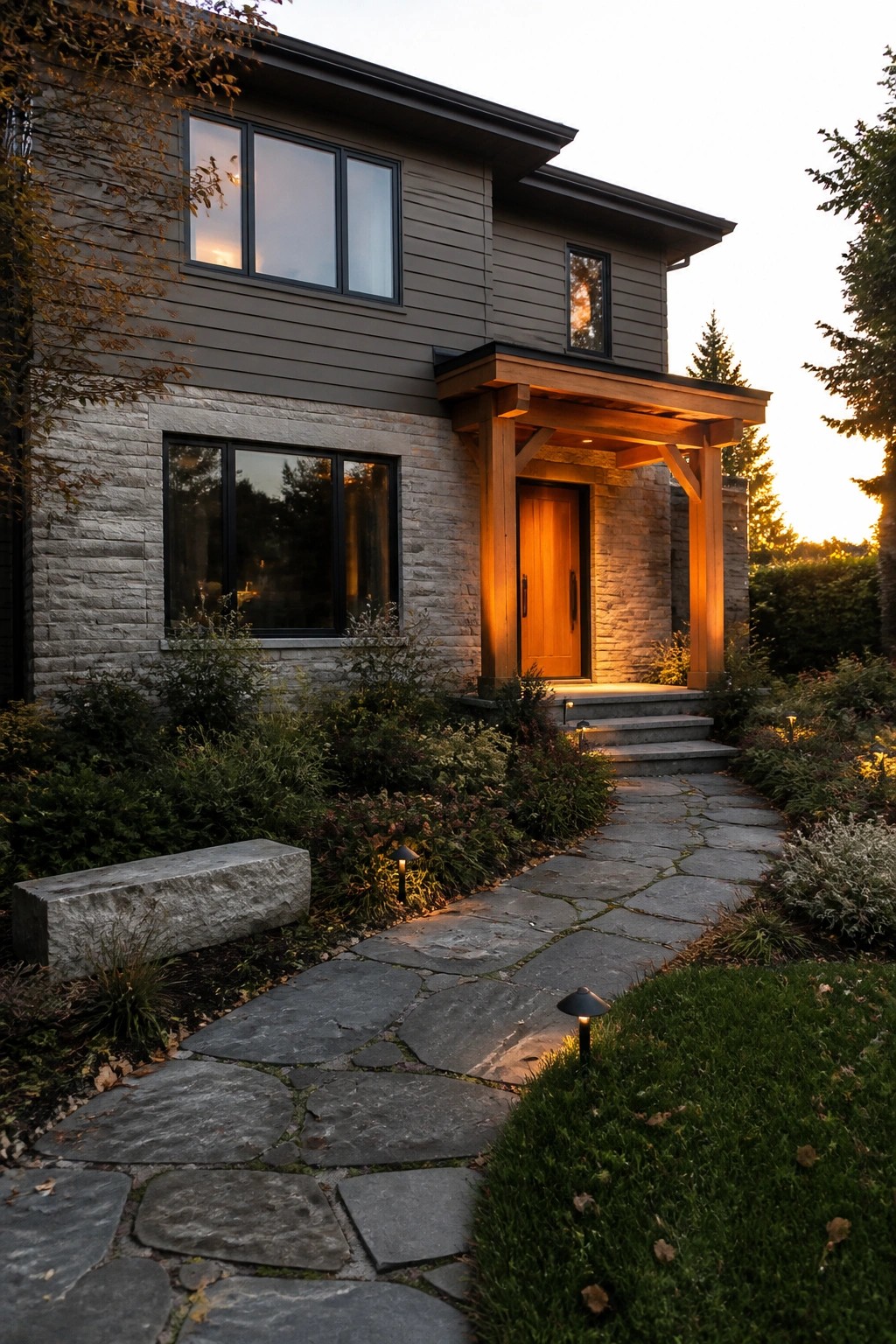 A two-story house with gray siding and stone veneer has a wooden front door and porch, with a stone pathway leading to the entrance.