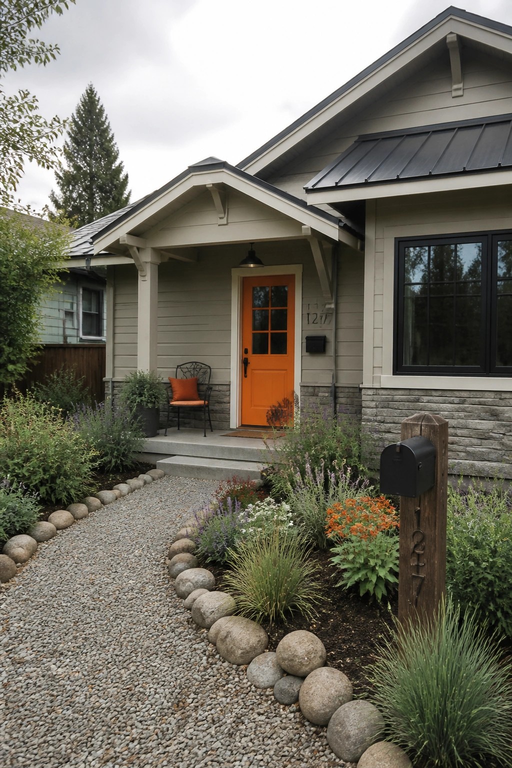 A single-story house with light gray siding, an orange front door, stone accents at the base, and a gravel walkway bordered by rocks and garden beds.