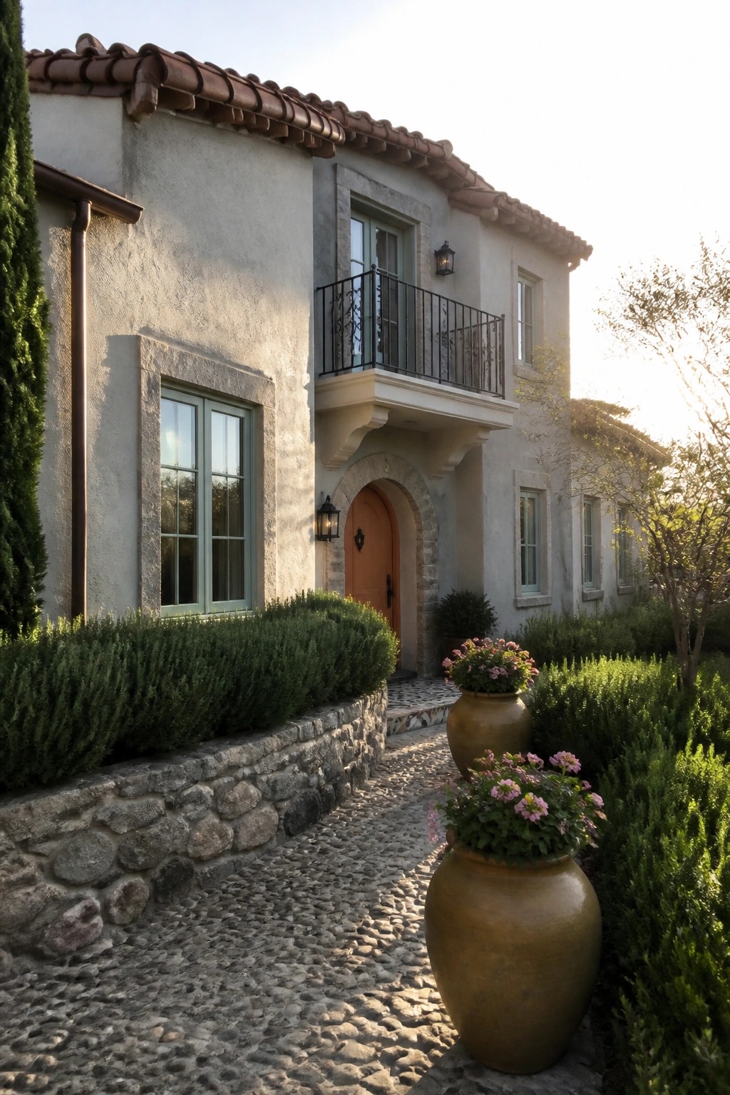 Mediterranean villa with arched wooden door, balcony, and flower-filled golden pots along cobblestone path
