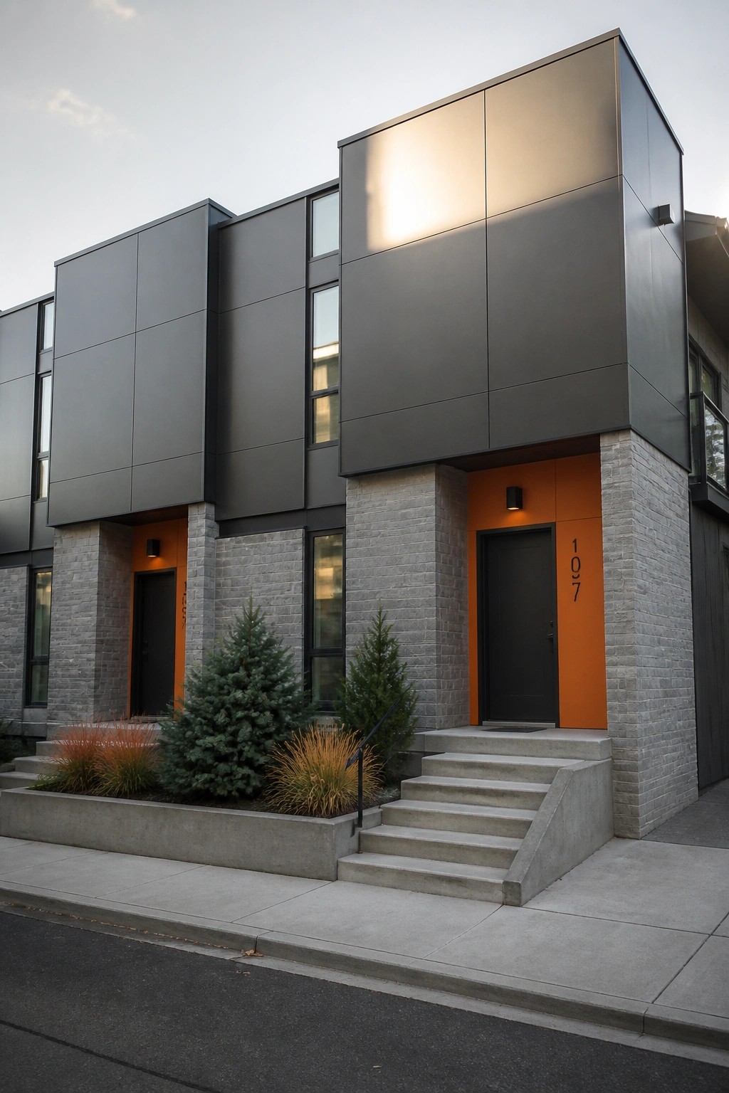 Modern gray metal townhomes with orange door frames, concrete steps, and landscaping