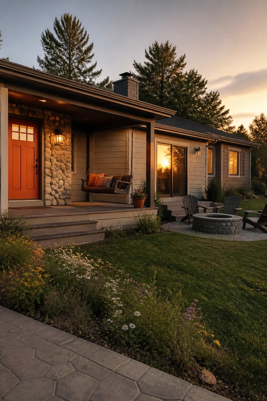 Rustic house with red door, porch swing, fire pit, and chairs at sunset