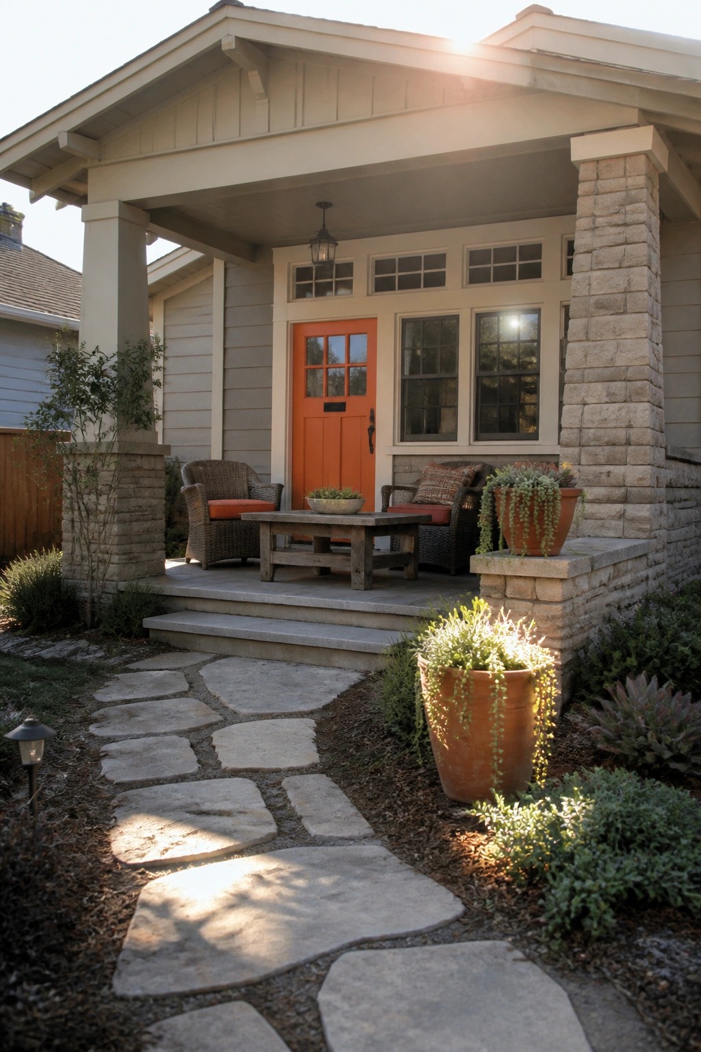 Front porch with orange door, wicker chairs, wooden table, stone pillars, and potted plants