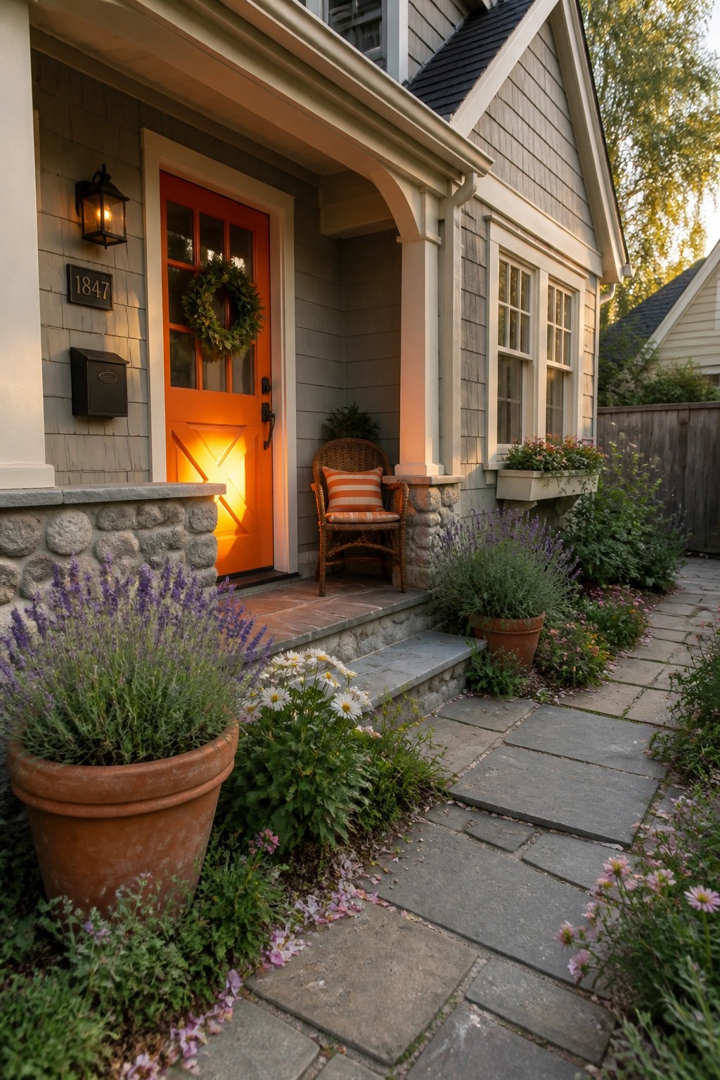 Stone pathway to red door on porch with wicker chair and potted flowers.