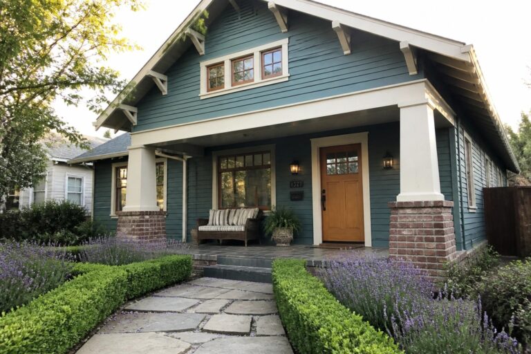 Front view of a teal Craftsman house with a covered porch, white tapered columns on red brick piers, a wooden front door, and a stone pathway leading to the steps.
