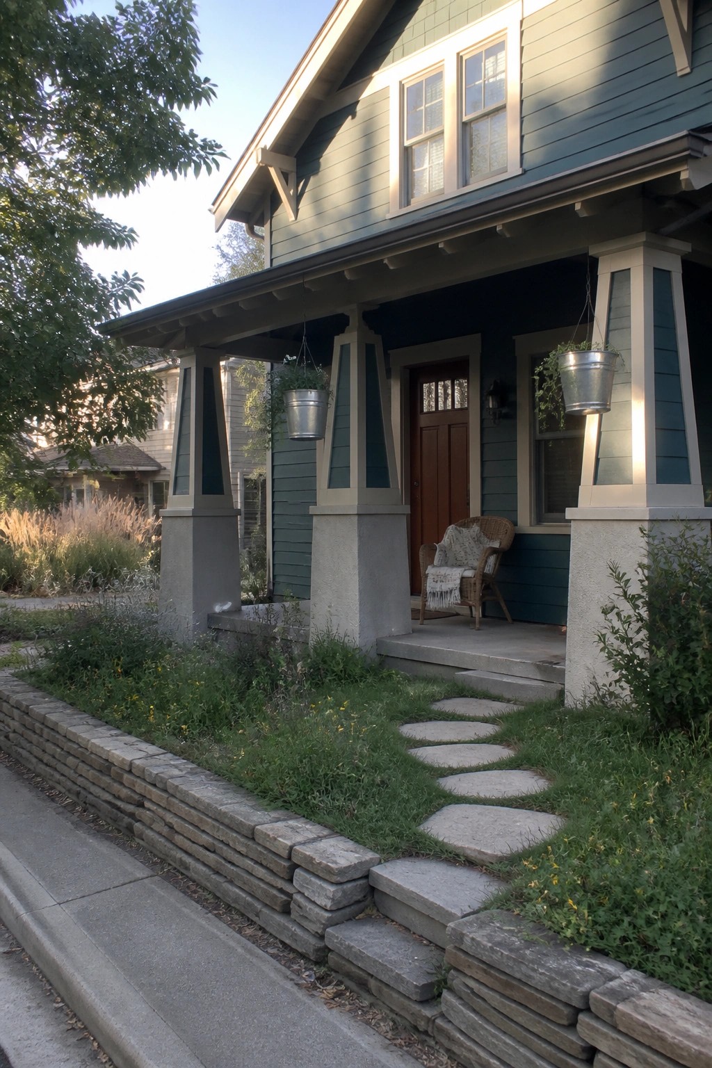 Front view of a teal Craftsman house with a porch supported by tapered columns, concrete steps, and a stone path leading from the sidewalk.