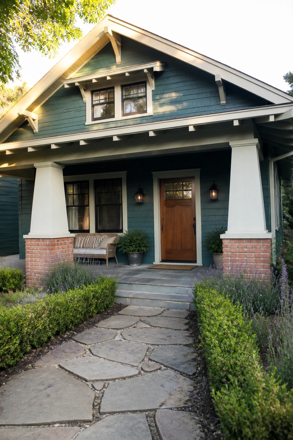 Front view of a teal Craftsman house with a covered porch, white tapered columns on red brick piers, a wooden front door, and a stone pathway leading to the steps.