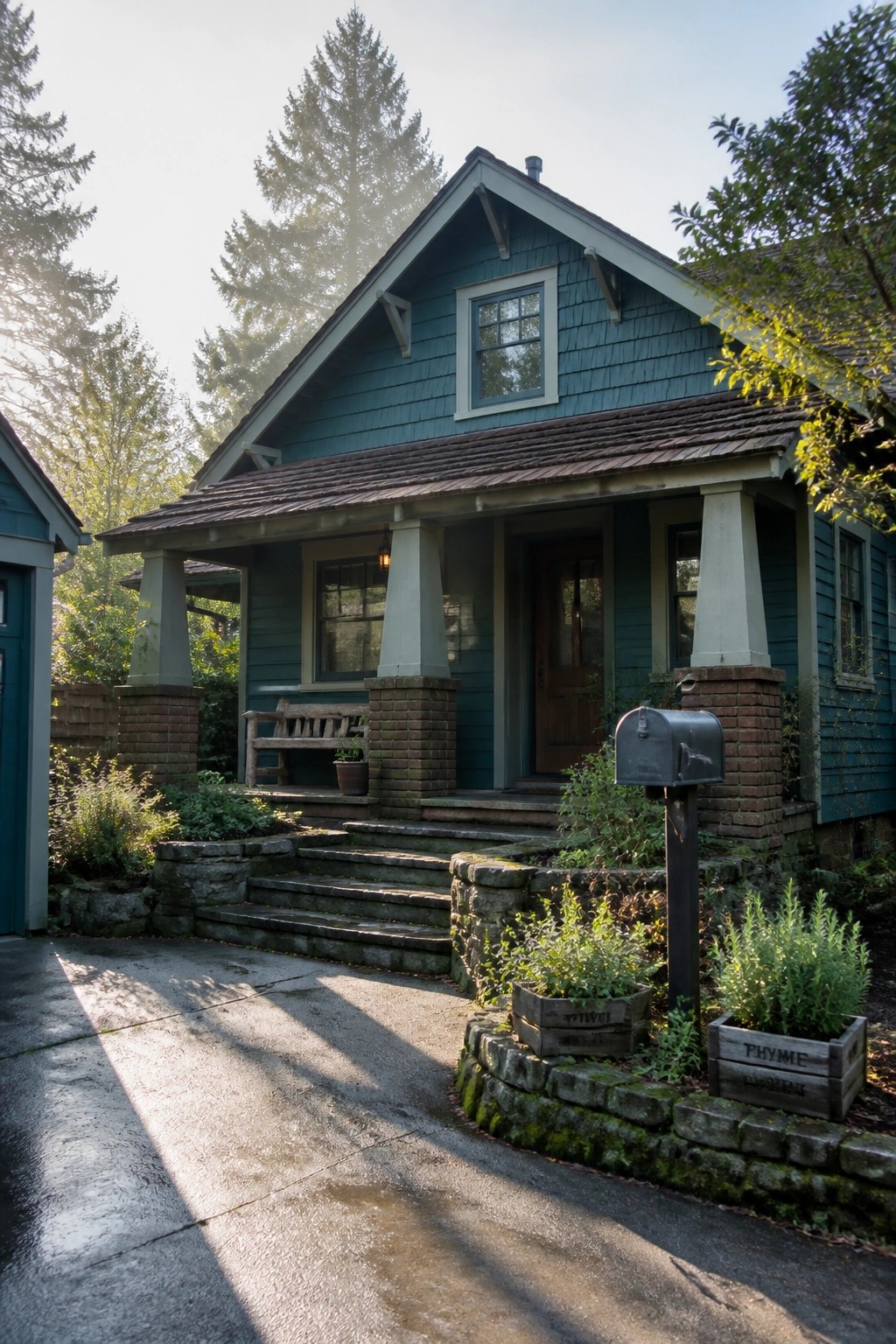 A teal Craftsman house with a front porch supported by tapered columns resting on brick piers, stone steps, and a mailbox in the foreground.