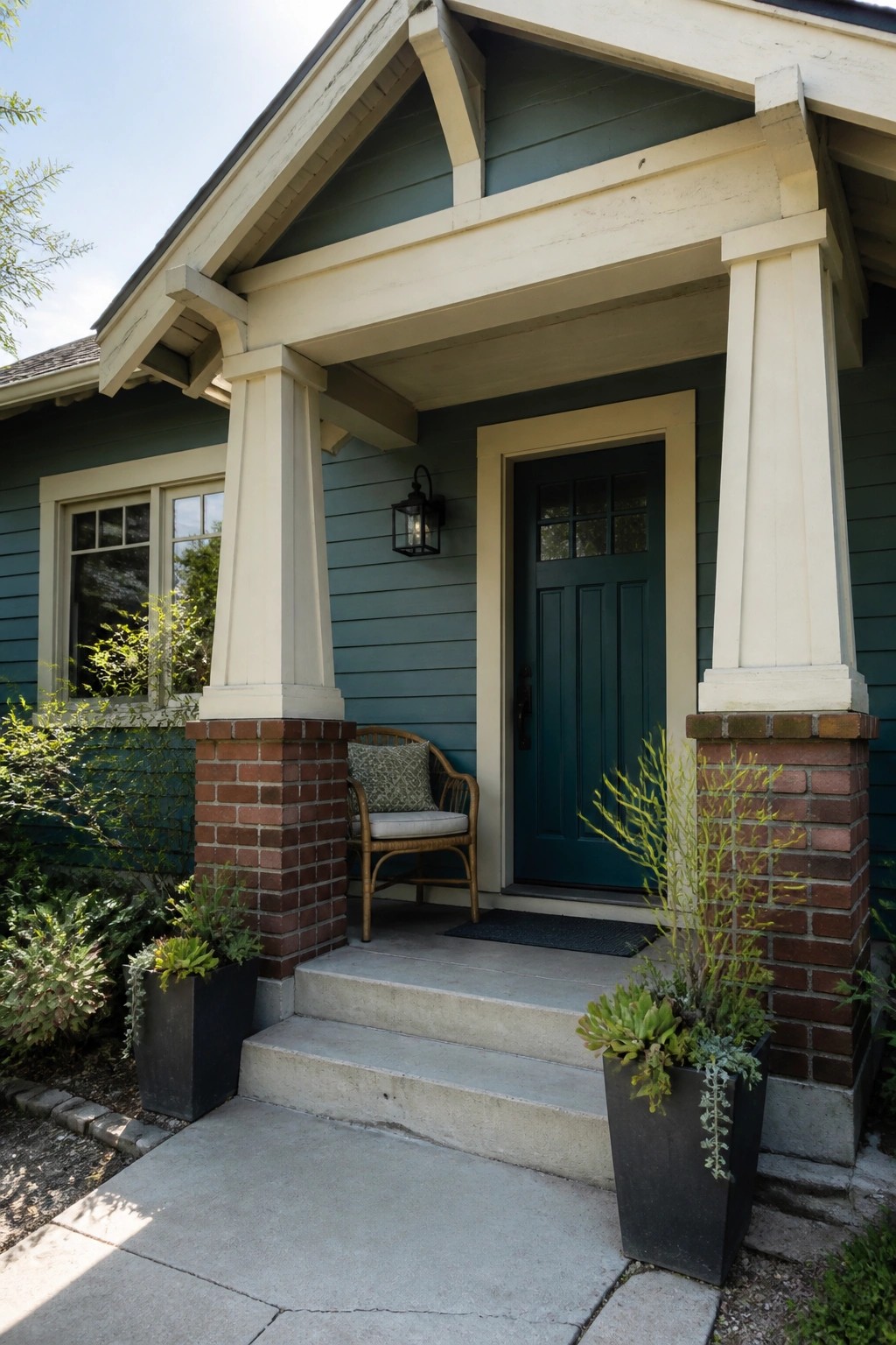 Front view of a teal Craftsman house porch with tapered white columns on brick piers, a dark green door, and concrete steps.