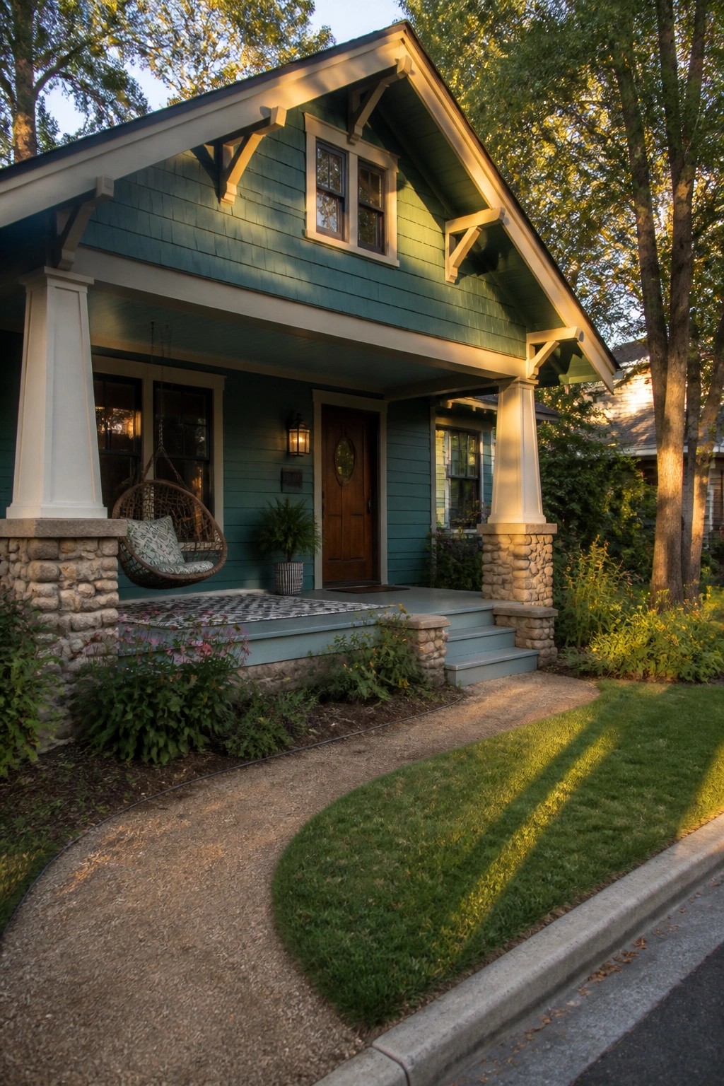 Teal craftsman house porch with hanging chair, stone pillars, steps, and green lawn at dusk