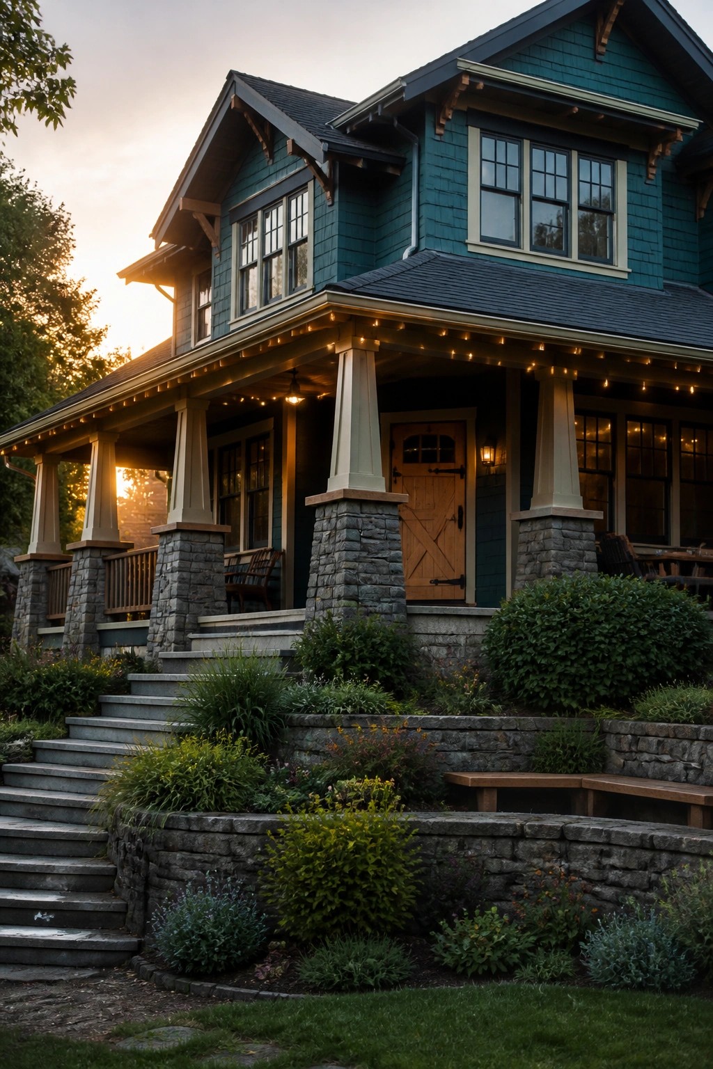 Front view of a teal Craftsman house showing a porch with tapered columns resting on stone piers and warm string lights along the eaves.