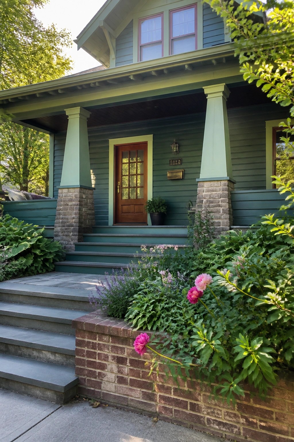 Green house porch with wooden door, stone pillars, and pink peonies in brick planter.