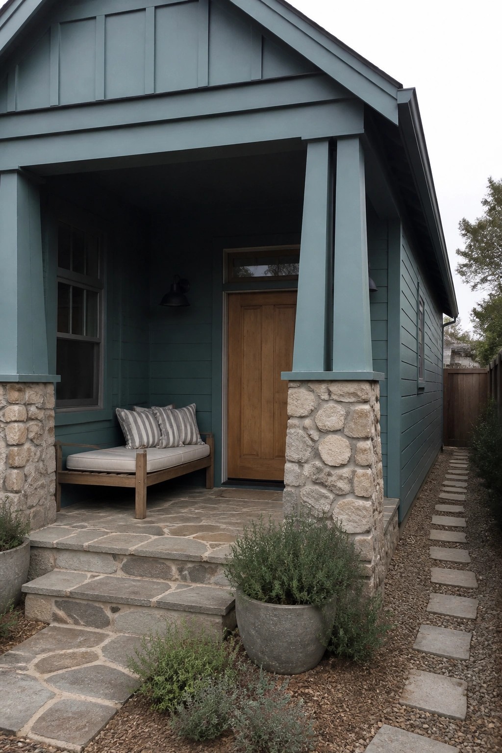 Front view of a teal Craftsman house showing a covered porch with tapered columns resting on stone piers, a wooden front door, stone steps, and a gravel path beside the house.