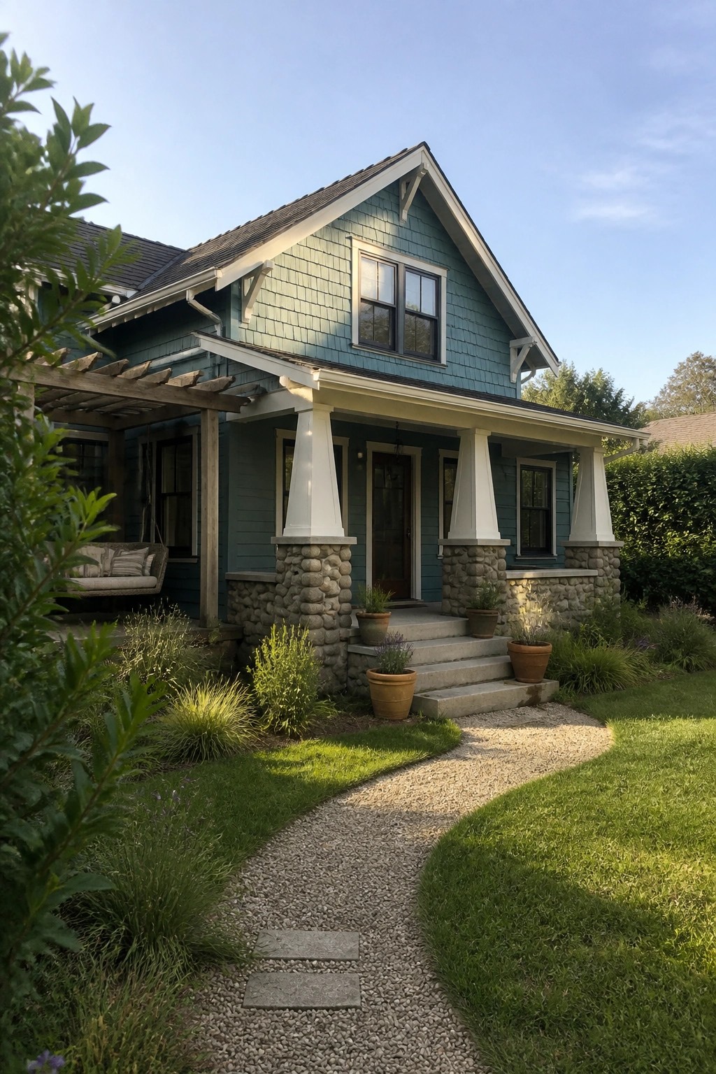 Teal house with stone porch pillars, potted plants, and curved gravel walkway.