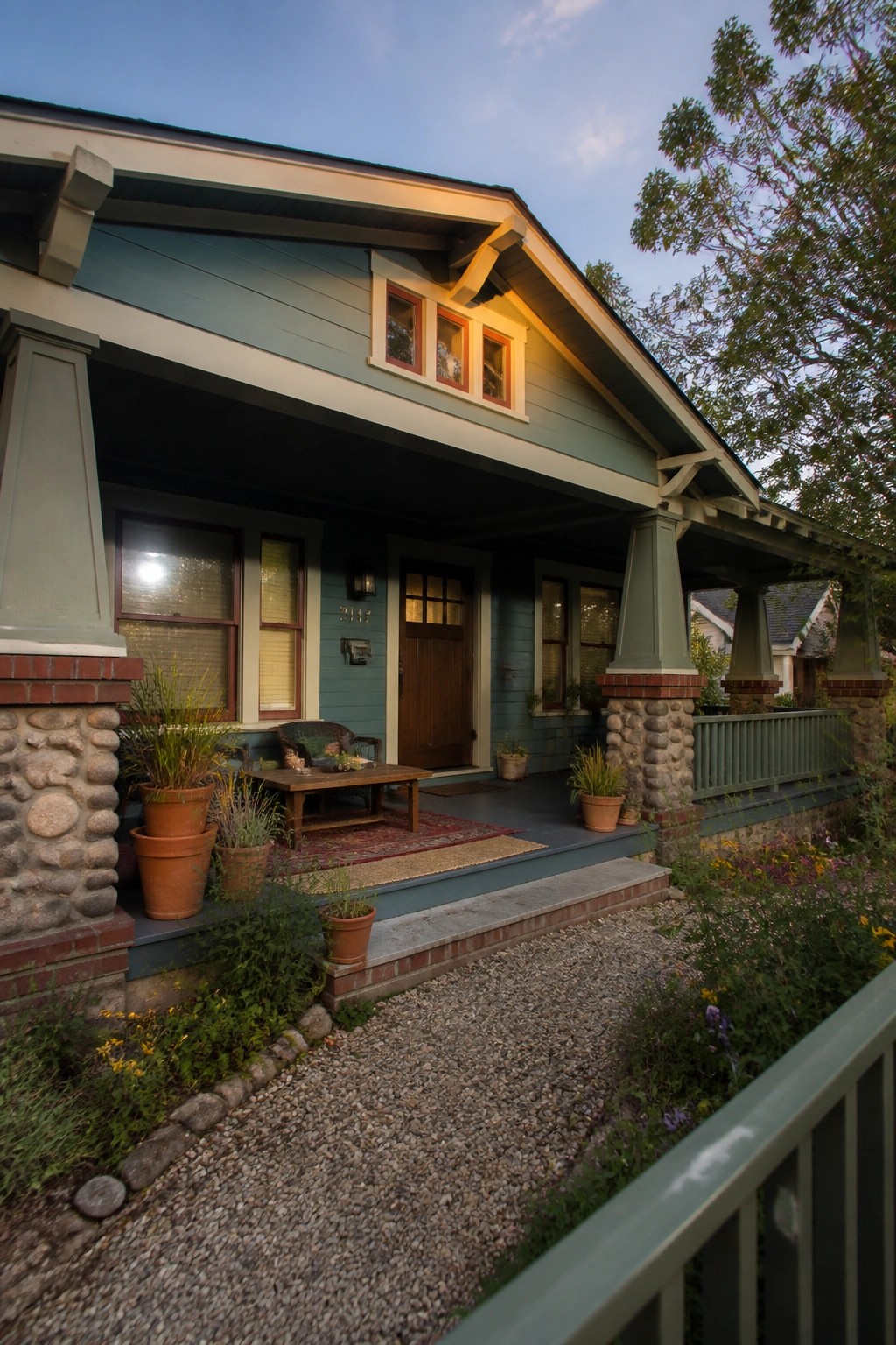 Craftsman bungalow with blue siding, stone porch pillars, potted plants, and gravel path.