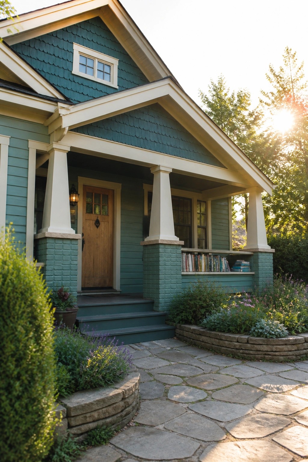 A teal Craftsman-style house exterior with a gabled porch supported by white tapered columns on brick piers, a wooden front door, and a stone pathway in front.