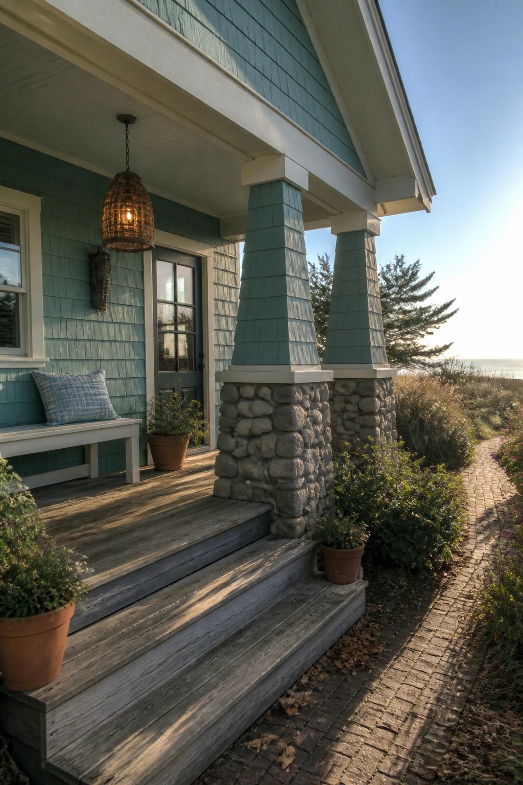 Front view of a teal Craftsman house porch with two tapered columns featuring stone bases and shingled upper sections, wooden steps, and a hanging light.