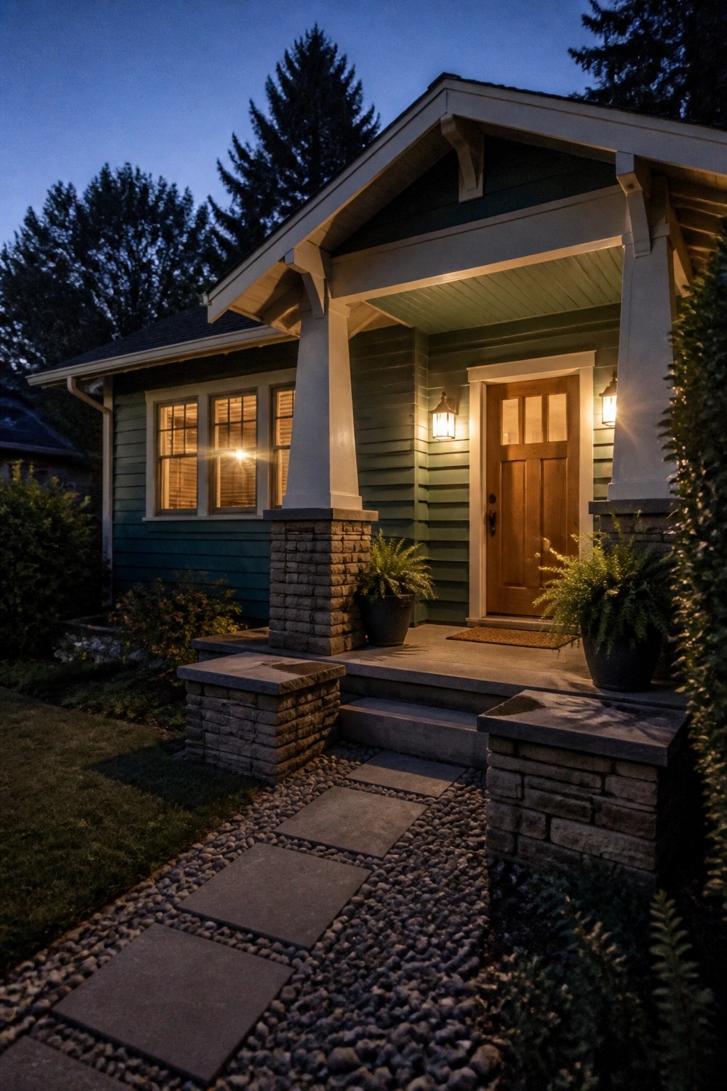 A teal Craftsman house exterior at dusk showing a front porch with tapered white columns on stone piers, a wooden door, and two potted ferns on the steps.