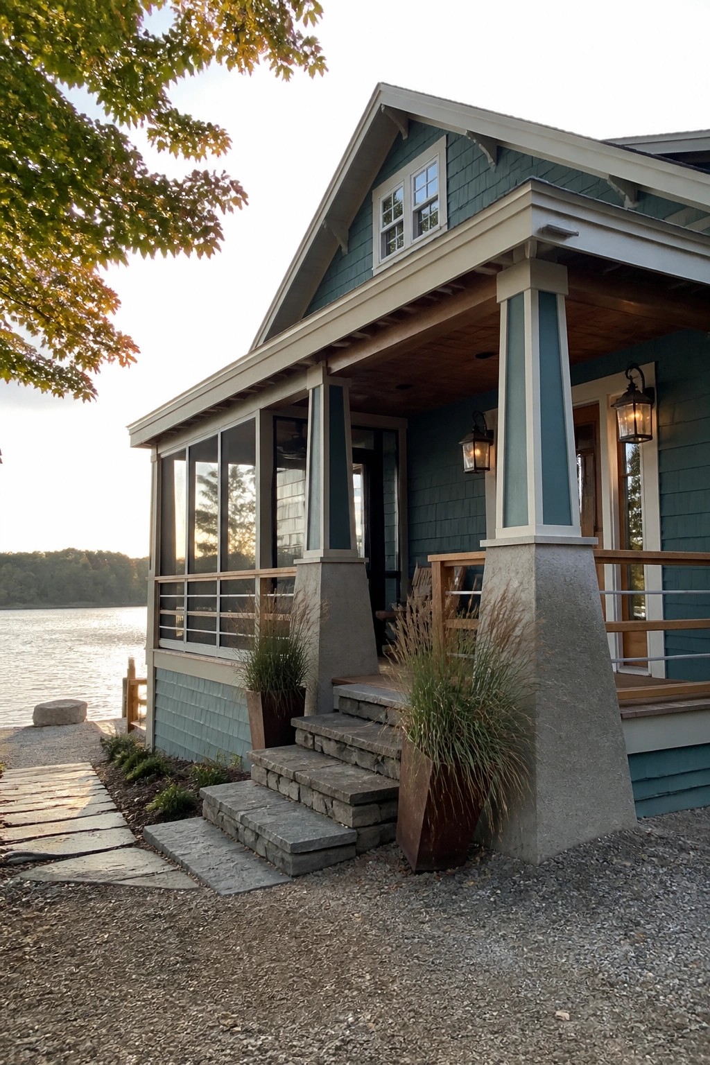 A teal Craftsman house with a front porch supported by tapered columns, stone steps, and potted grasses beside a lake.