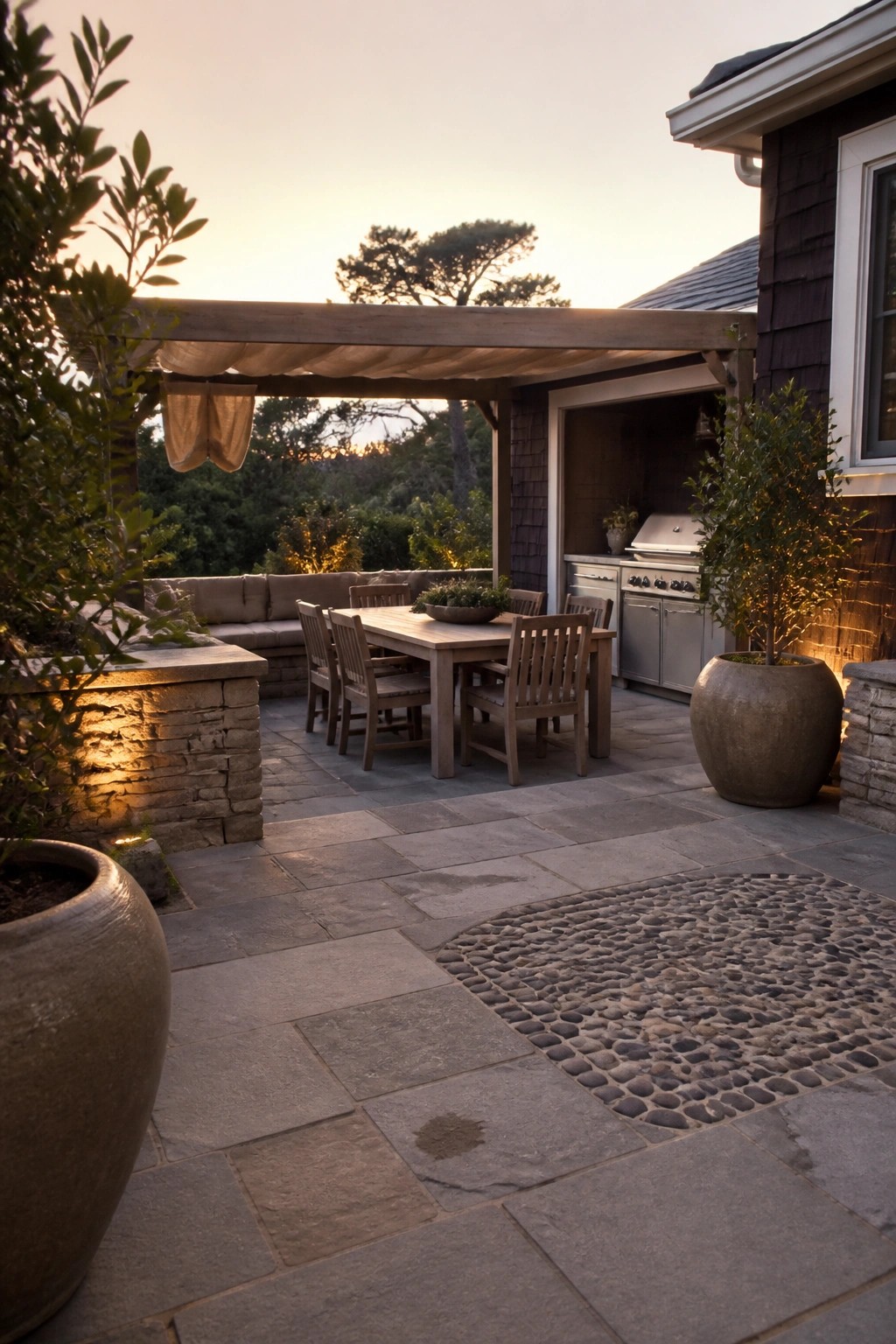 A stone patio with a wooden pergola covering an outdoor dining table and adjacent kitchen area with stainless appliances.
