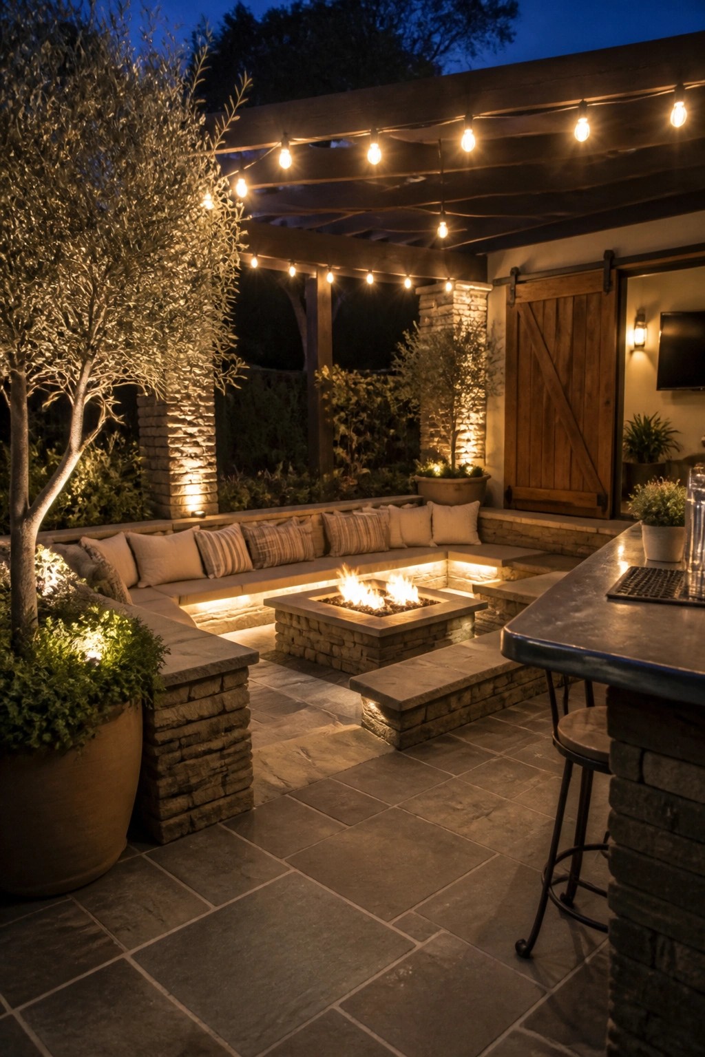 Outdoor patio at night with fire pit, cushioned seating, string lights, and bar