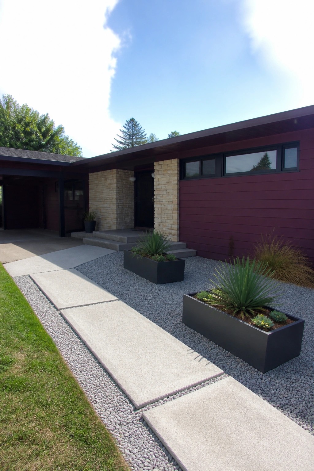 A ranch house exterior with plum siding, stone accents around the front door, and concrete pavers set in gravel leading to the entrance.
