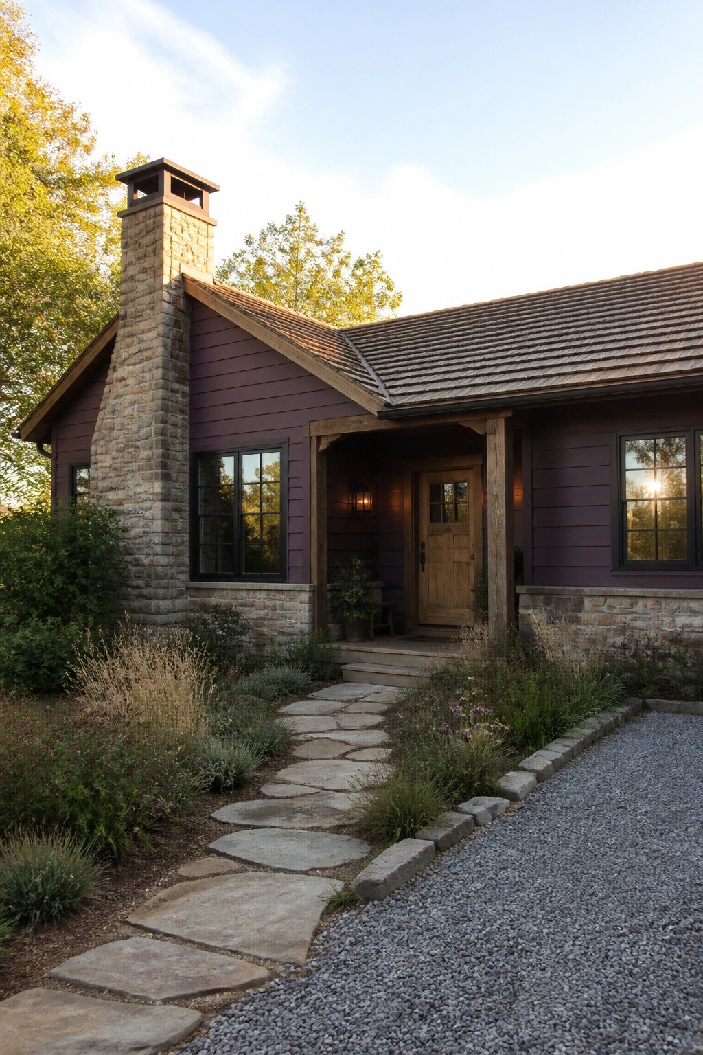 A single-story ranch house with plum siding, a tall stone chimney, a wooden front door under a small covered porch, and a winding stone path through the front yard.