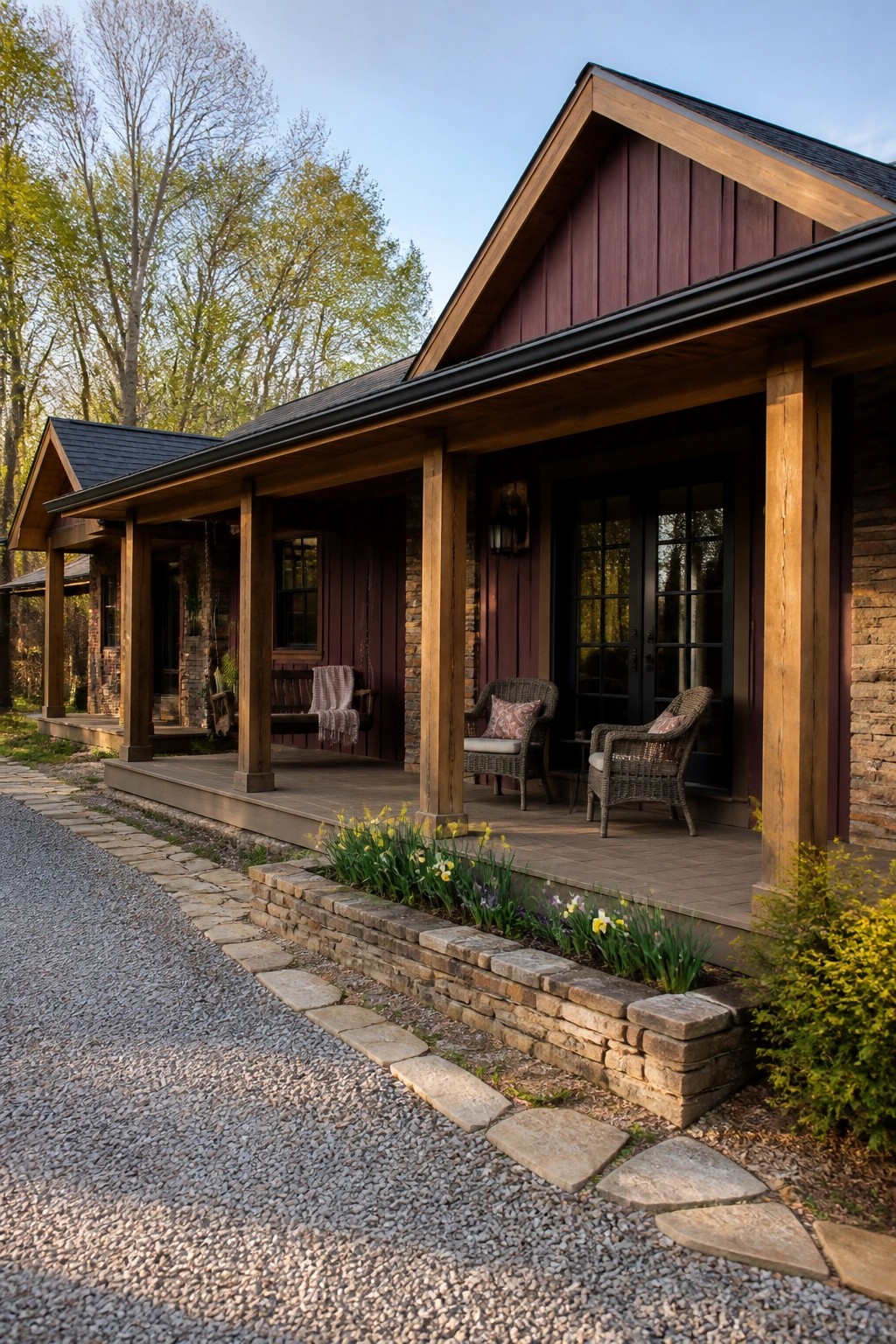 A ranch house exterior with plum siding, stone accents on the foundation and columns, a covered wooden porch with wicker seating, and a stone-edged flower bed beside a gravel path.