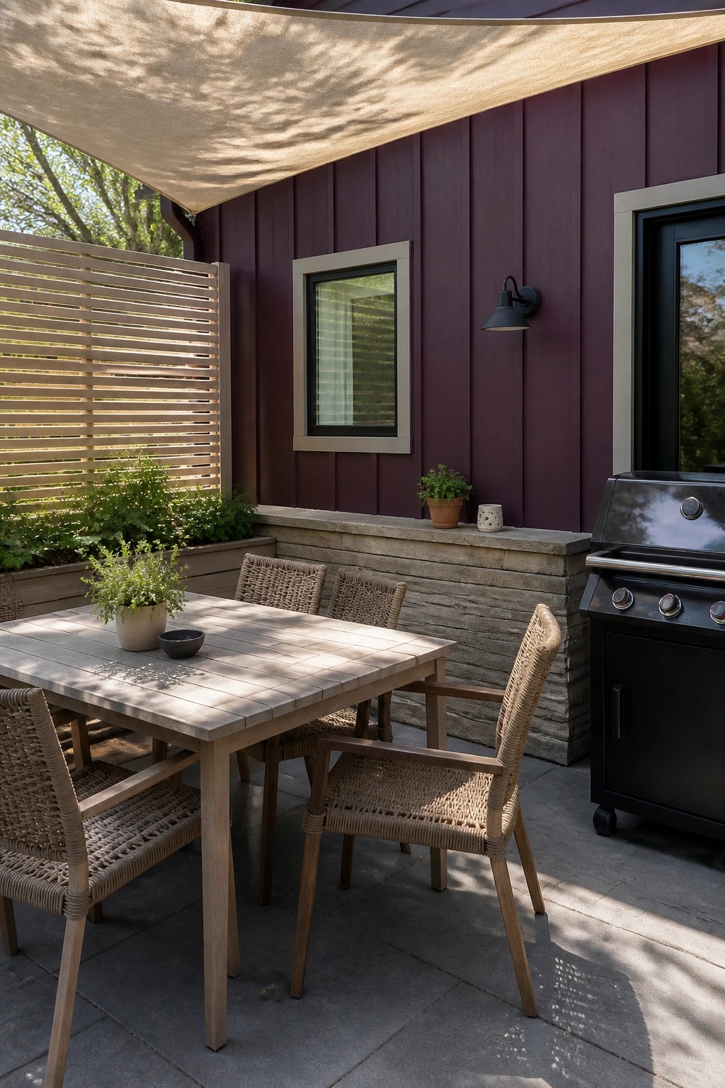 Outdoor patio with wooden table, woven chairs, black grill, and purple wall under shade sail.