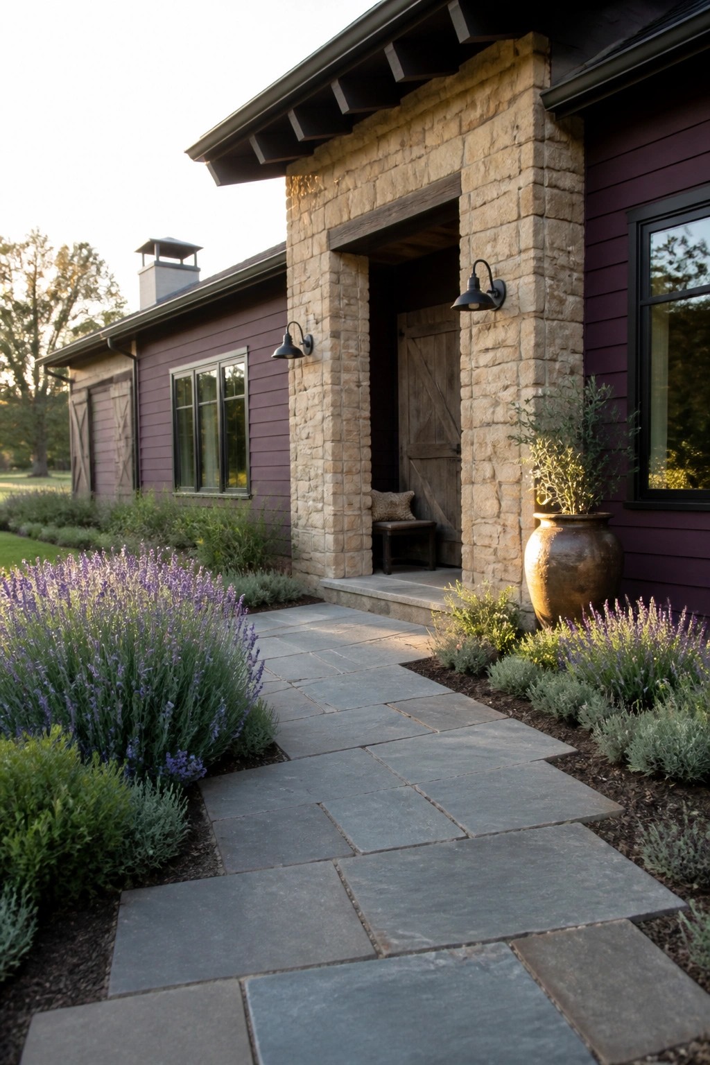 Stone path lined with lavender leads to wooden door of purple house at dusk