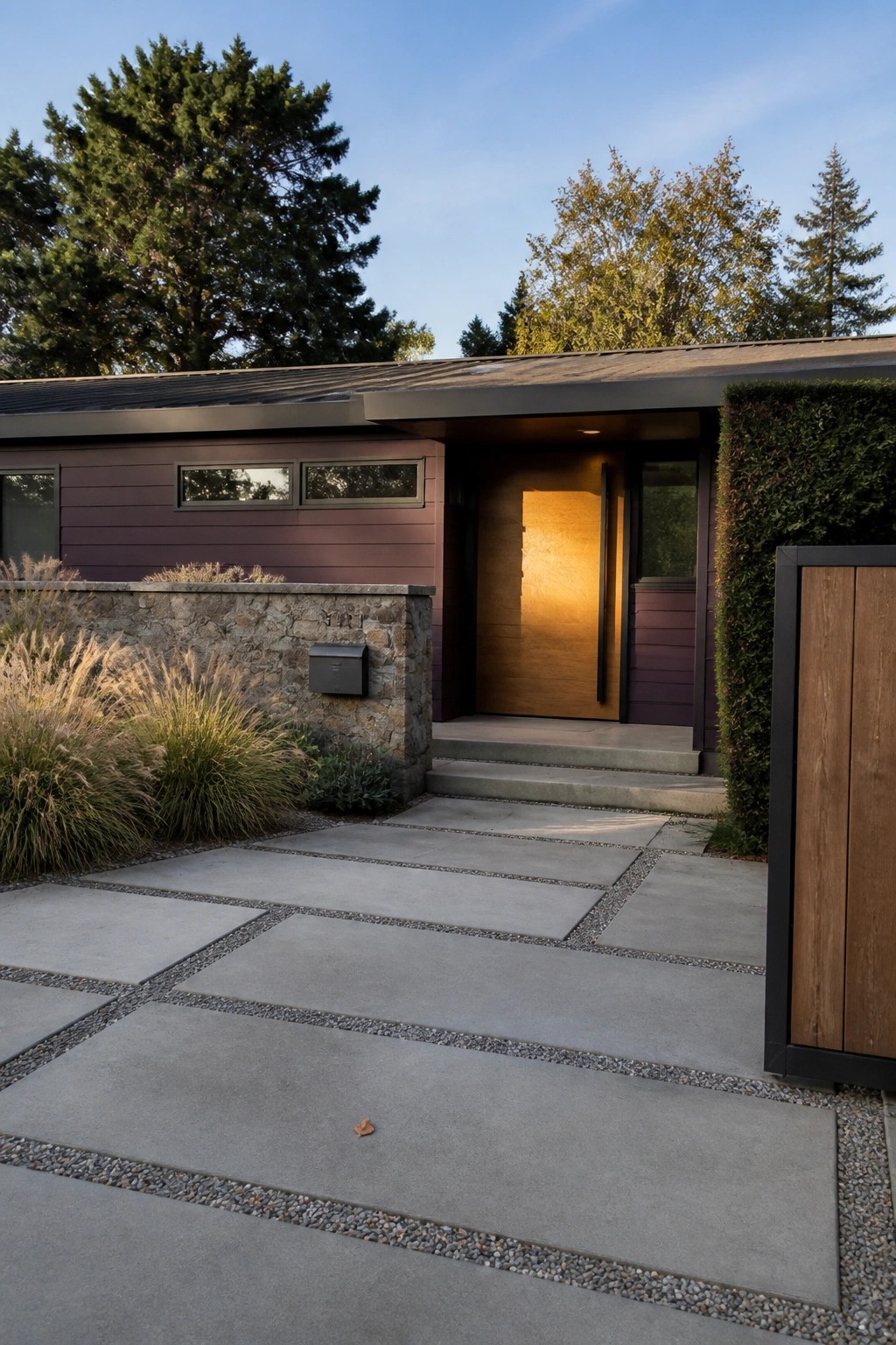 A ranch house exterior with plum siding, a lit wooden front door, concrete pavers, and a stone wall holding a mailbox beside the entry steps.