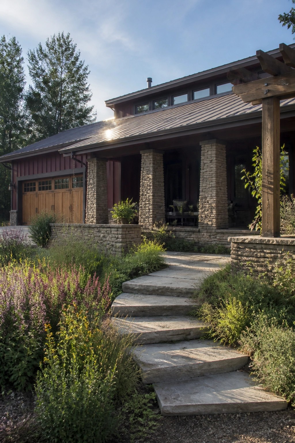 Stone steps lead to modern house with stone pillars, wooden garage, and purple garden.
